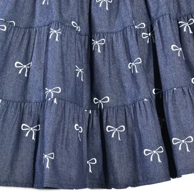 Sweet Girls College Preppy Style Tiered Ruffle Denim Skirts Cute Bow Print Elastic Waist Flared A-Line Casual Daily Skirt Summer