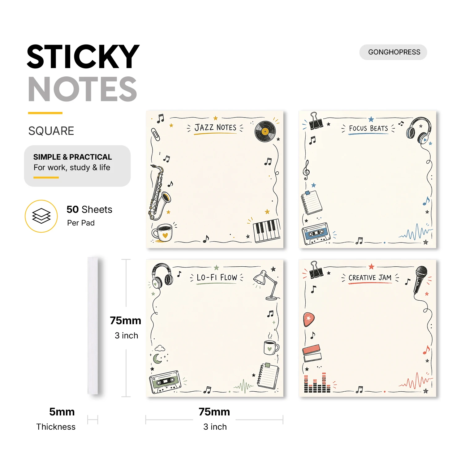 4PCS Jazz Music Sticky Notes 200 Sheets Saxophone Piano Headphone Memo Pads Focus Notes Creative Planner Office Stationery
