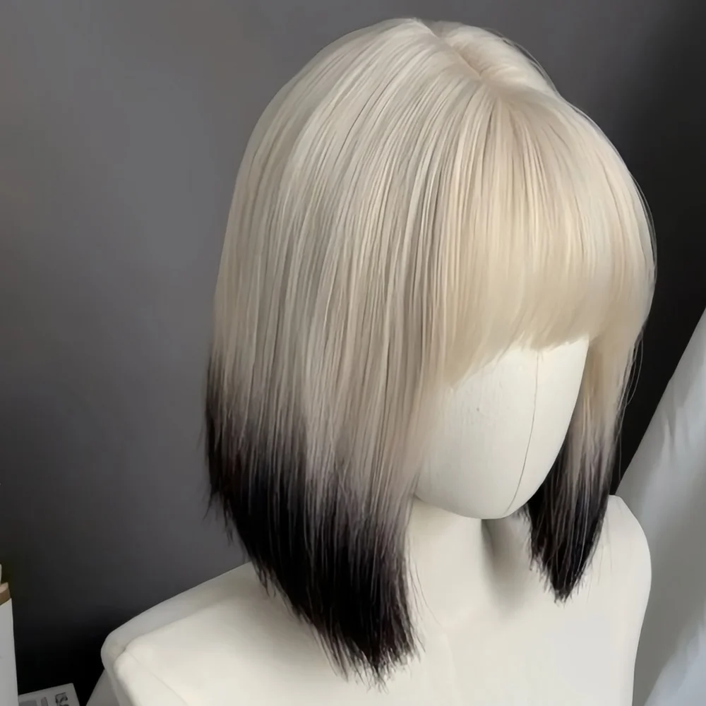 Cute Short Wig, Wig With Bangs, Woman Synthetic Wig Ombre Short Bob,Light Blonde Black Ombre Straight Bob Hair Wig,Gifts for Her image 5