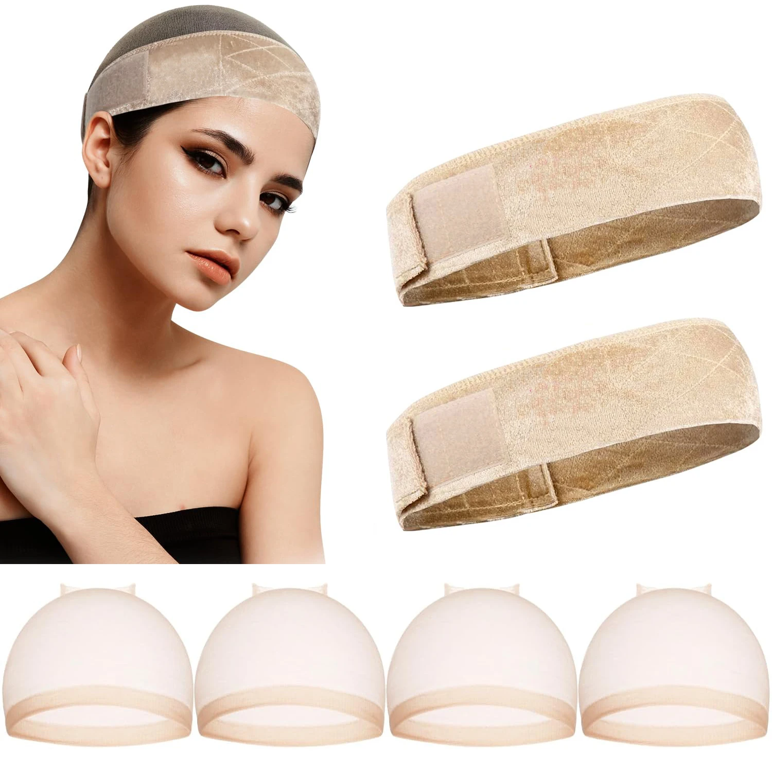 

2 Velvet Wig Grip Band with 4 Caps, Adjustable No Slip Headband for Women, Keeping Hairpieces in Place