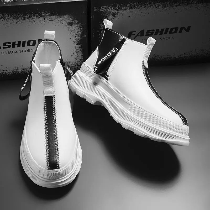 Thick Sole Leather Shoes for Men High Top Platform White Man Casual Chelsea Boots in Promotion New Elegant Pu Luxury Sale Summer