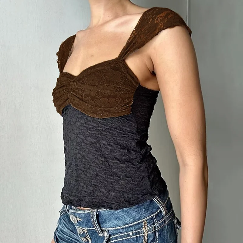 

Y2k Coquette Fairy Crop Tops 90s Vintage Women Sexy Floral Lace Sheer Slim Fit Tank Tees Going Out Streetwear