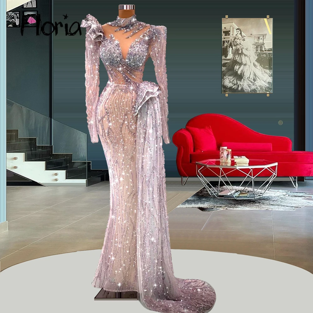 

Floria Gorgeous Gray Evening Dress for Women Long Sleeve Wedding Party Gowns Vestidos De Fiesta Glitter Engagement Dress Custom