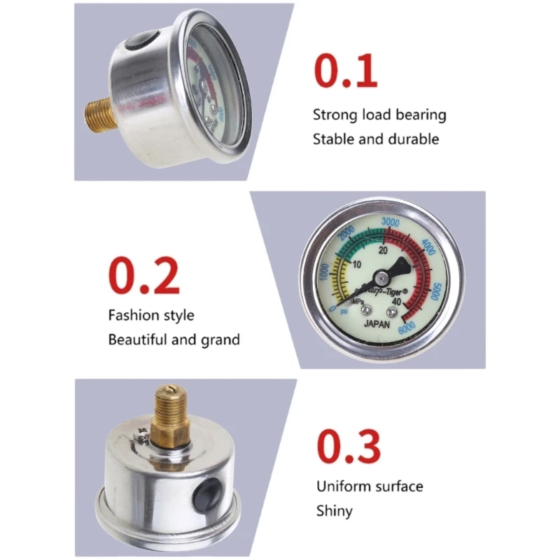 2 in Size Liquid-Filled Pool Filter Pressure Gauge Stainless Steel-Case 0-6000/ 0-40MPa Durable Fuel-Pressure Regulator