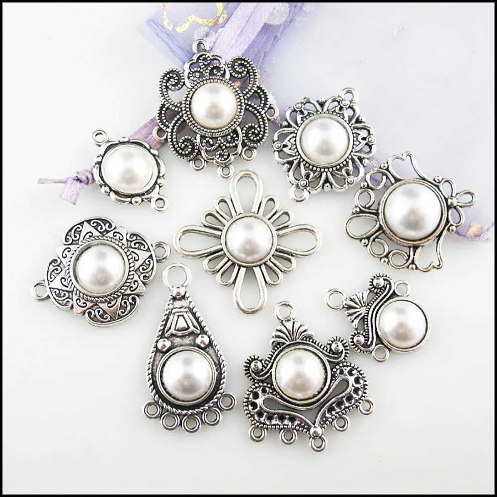 Fashion New Flower Cross Knot Crown Teardrop Charms White Plastic Pendants Connectors Tibetan Silver Plated