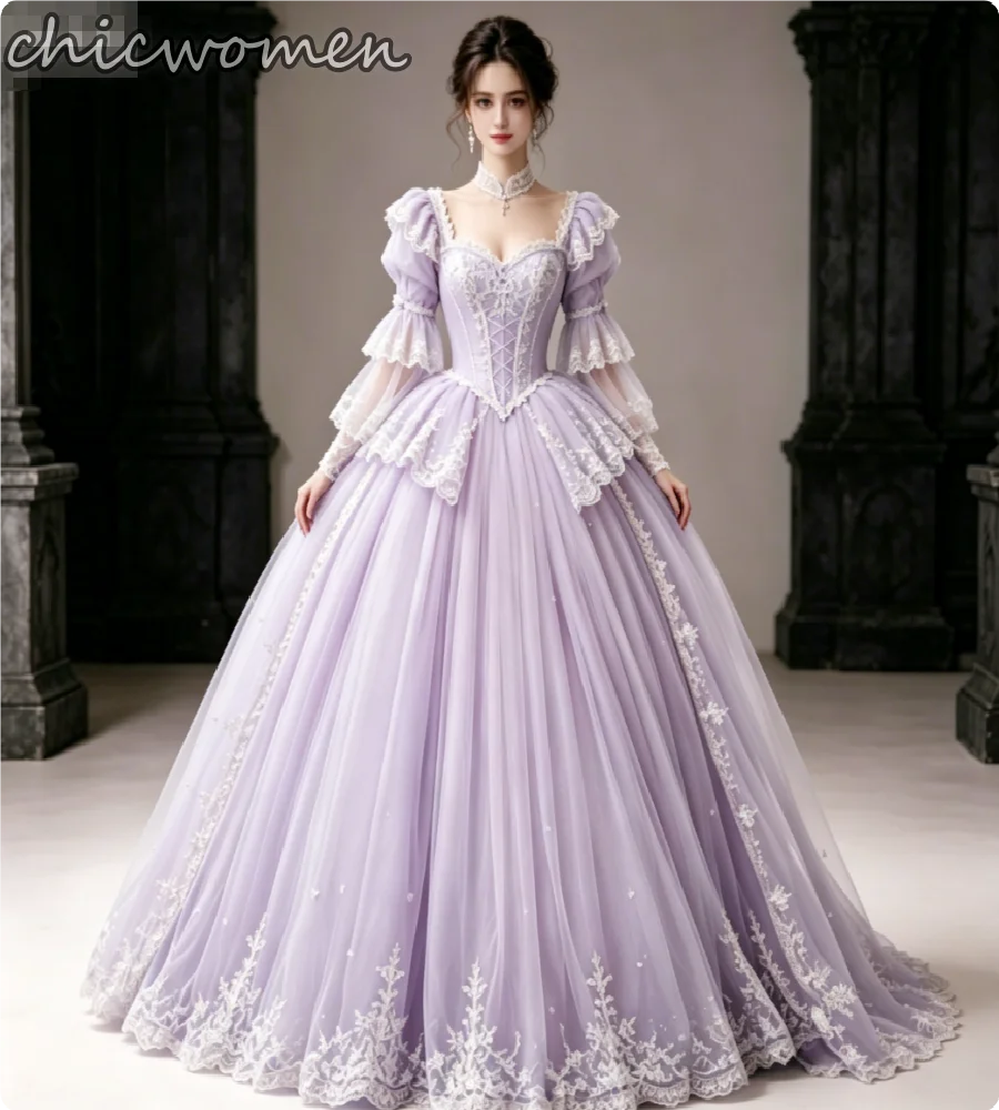 Cinderella Fairy Lilac Evening Dress Ball Gown Puff Sleeve Victorian Prom Dresses Costume Appliques vestidos de 15 quinceañera