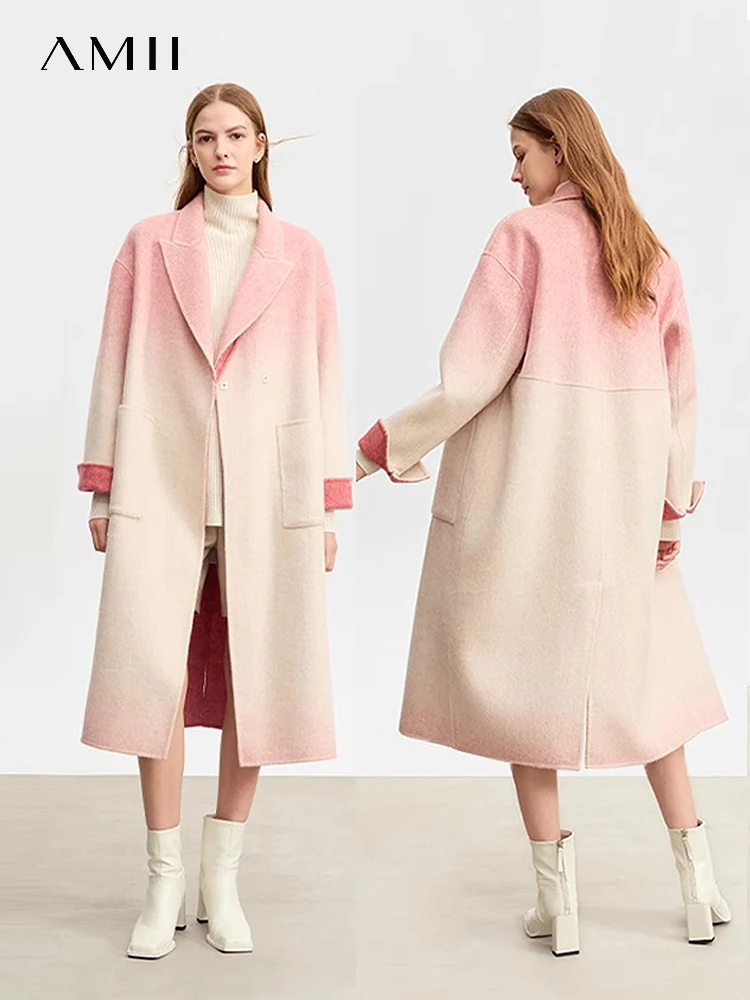 

AMII Woolen Coat for Women 2023 Winter New Double-sided Female Gradient Long Korean Version Straight Blends Trendy Lady 12344068