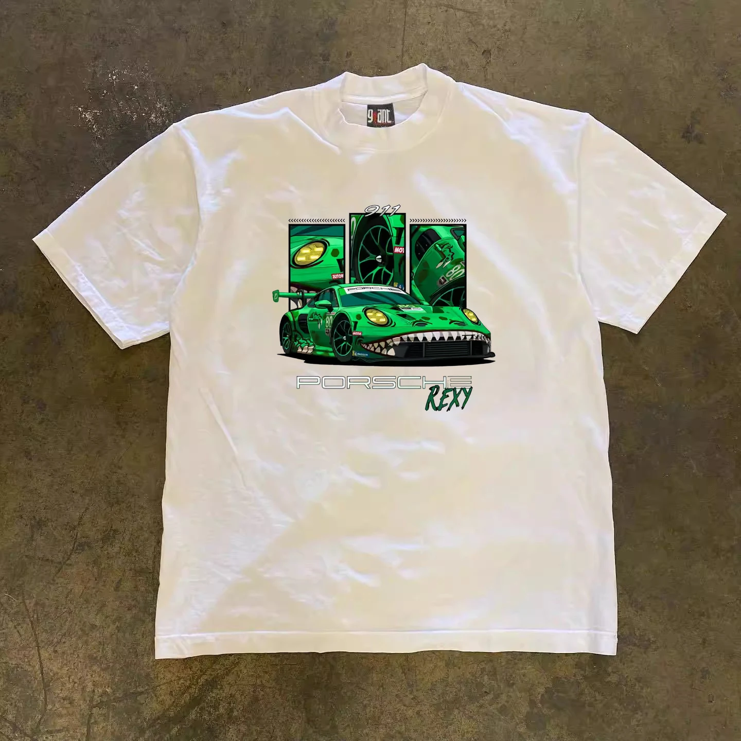 

BuettiKer 260g Heavy Cotton, American Street Green Sports Car Print Short-sleeved T-shirt Couple Casual
