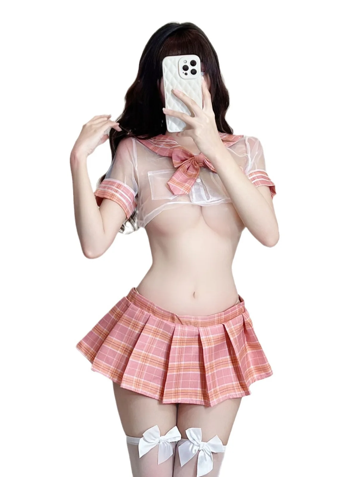 Sexy Female Student Outfit JK Uniform Seductive Transparent Shirt Plaid Skirt Sailor Suit Perspective Outfit Two Piece Set TCER