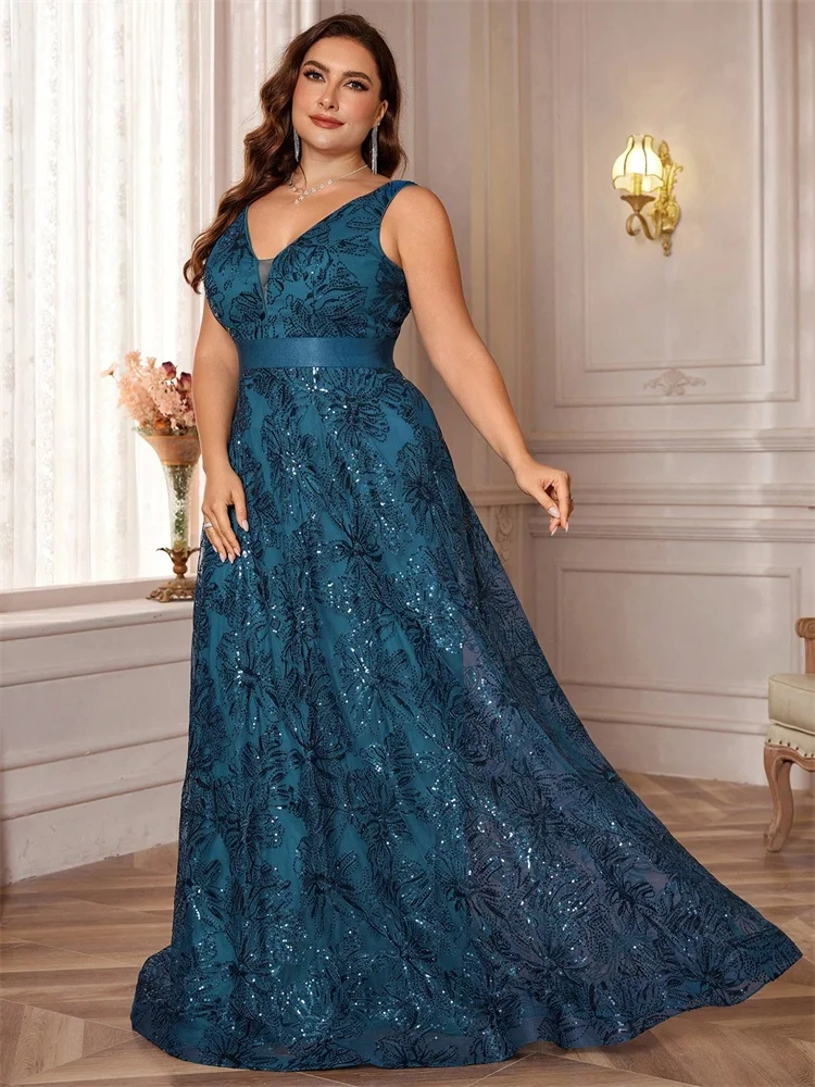XUIBOL grande taille luxe Sexy col en v profond paillettes bleu robe de soirée femmes élégant v-back fête de mariage longue robe de Cocktail de bal
