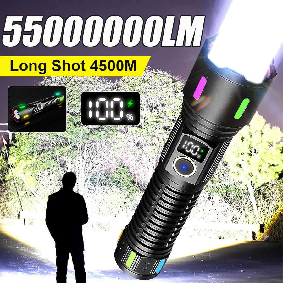 55000000LM Super Powerful Flashlights Portable Rechargeable LED Lamp Self Defense Flashlight Digital Display Camping Lantern