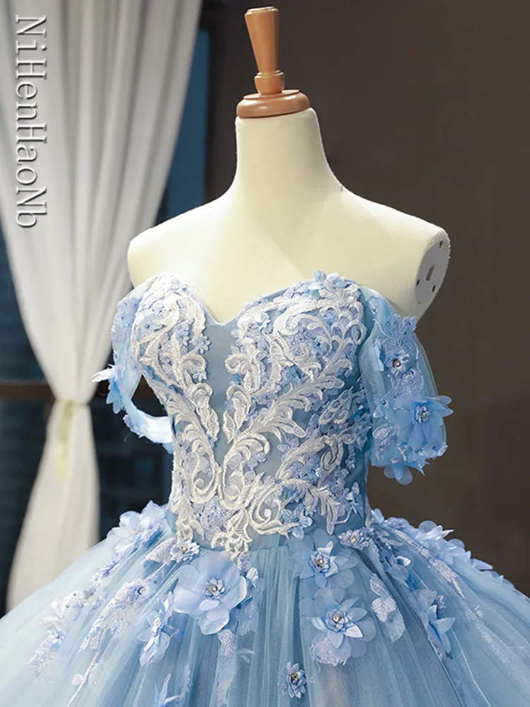 Blue Quinceanera Dresses Off The Shoulder Princess Prom Dress Lace Appliques Ball Gown With Small Train Vestidos De 15