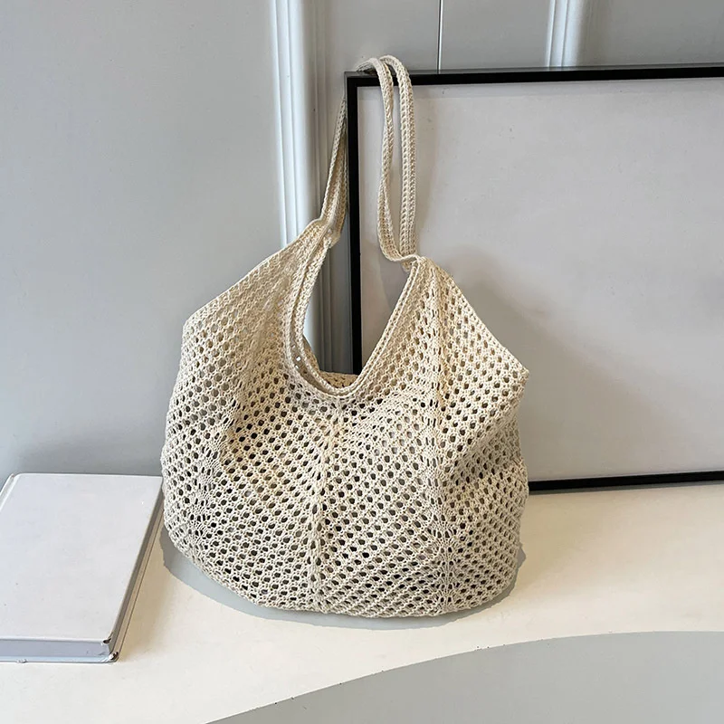Frauen Häkeln Tote Candy Tasche Mode Gestrickte Große Kapazität Gewebte Schulter Taschen Einfarbig Einfache Einkaufstasche für Sommer Strand