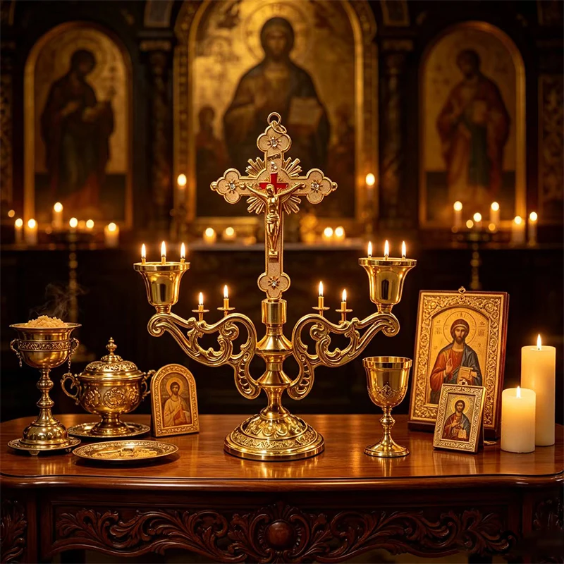 Orthodoxer Altar-Kerzenhalter aus Goldmetall, stehendes Kruzifix, Kerzenständer mit Kreuz für Kirche, Heimdekoration, religiöses christliches Geschenk – Detail 1