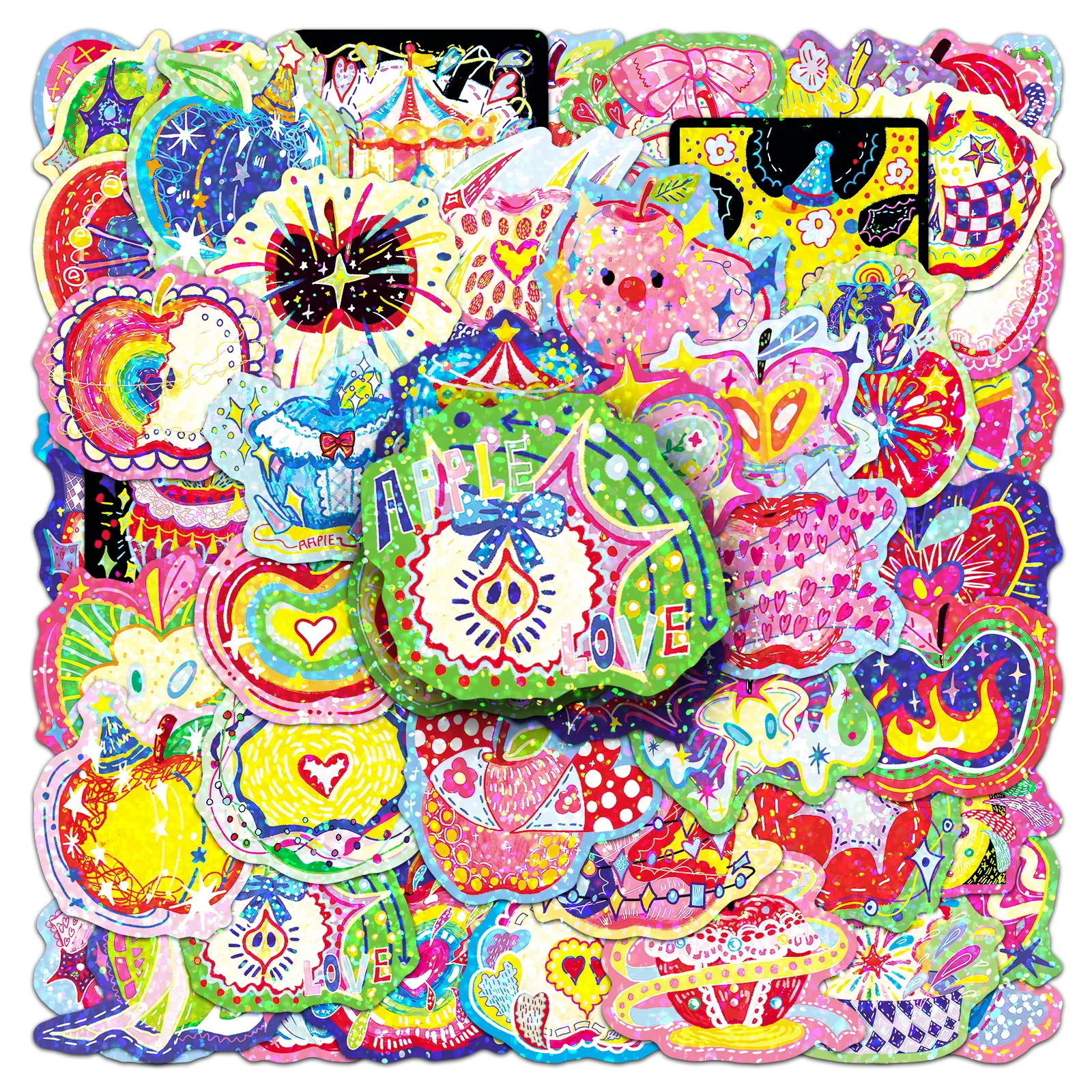 50PCS Cartoon Laser Apple Graffiti Sticker DIY Decoration Mobile Phone Case Notebook Water Cup Toy Gift Sticker