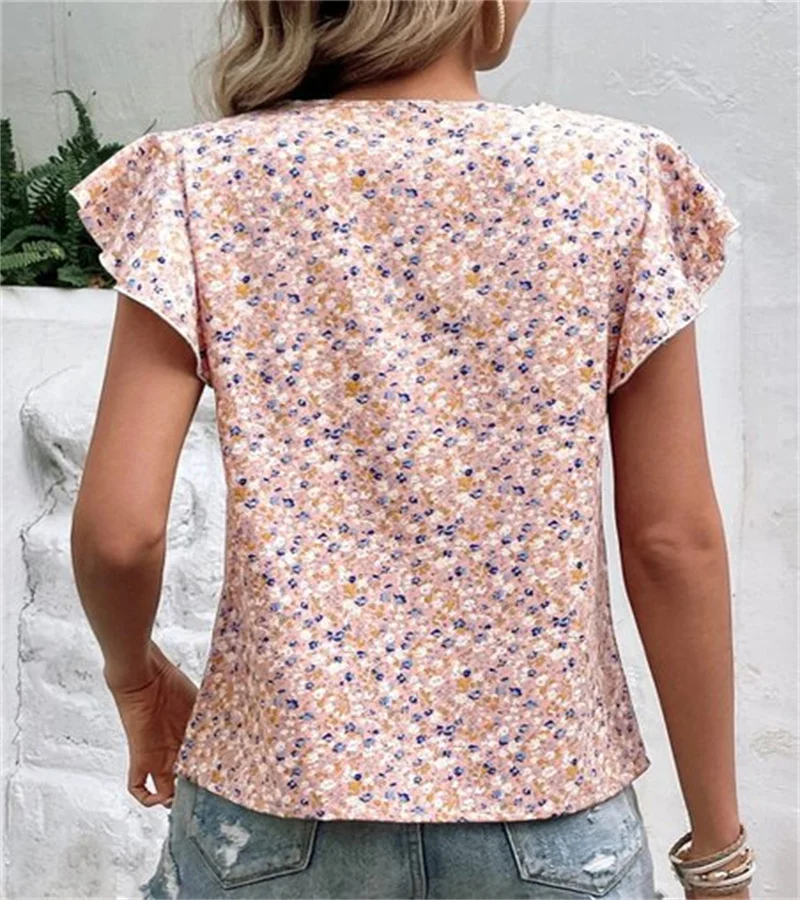 Cross-border European and n style commuting loose casual lotus leaf sleeve round-necked floral t-shirt for ladies