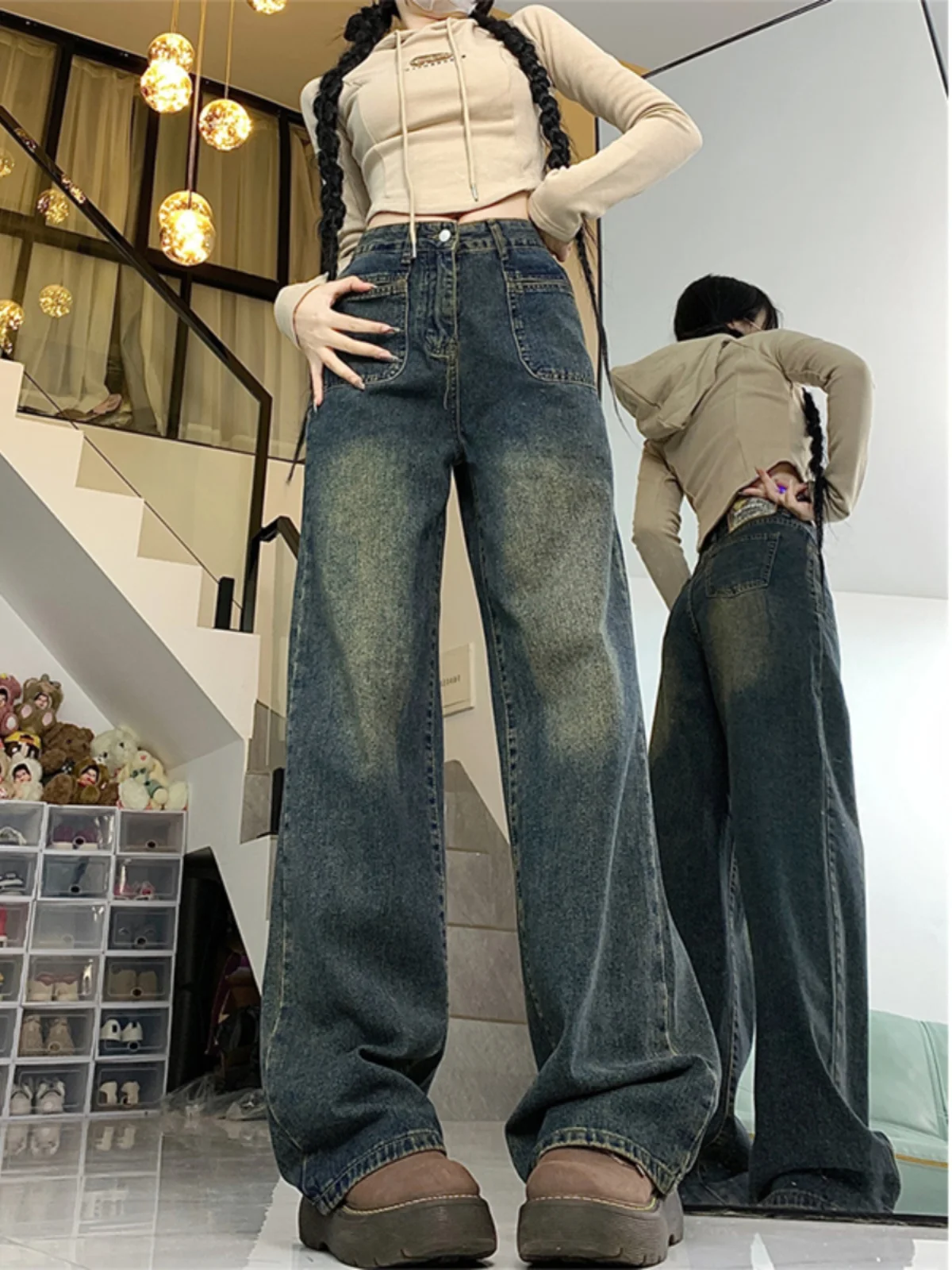 ハイウエストワイドレッグセメントデニムジーンズレディースアメリカンスタイルプラスサイズゆったりスリムストレートカットパンツ