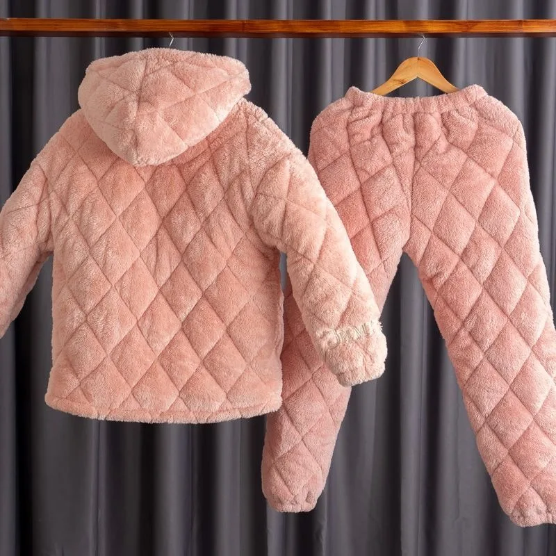 2024 New Youth Winter Three-layer Padded Girls Warm Pajamas Loungewear Women Thickened Fleece Coral Fleece Casual Sleepwear Set
