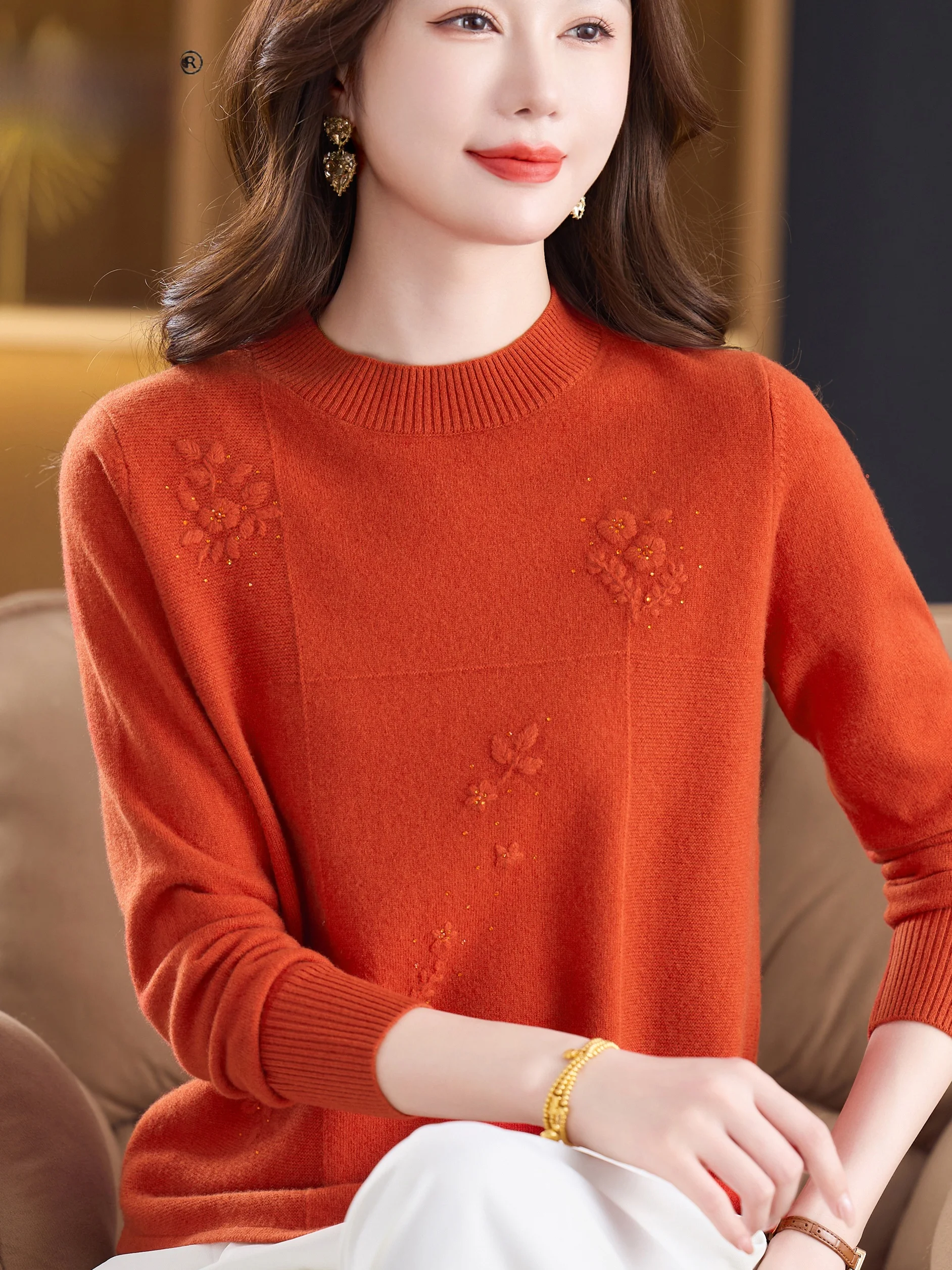 

Red round Ne Knitted Sweater Women's Autumn Winter Long Sve Pure Wool Base irt Faionable Tassel Work Boting Top
