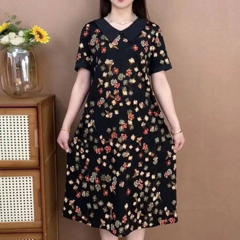 2024 Summer New Korean Spliced Printed Peter Pan Collar Fashion Elegant Loose Casual Vacation Short Sleeve Women's Dresses