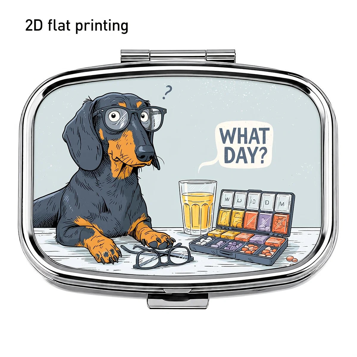 Two-Dimensional Flat Printing, Dachshund Dog Glasses and Medicine Grid Design, Vivid and Exquisite Border Printing Square Small Pill Box, Fresh Garden Style, Compartmentalized Metal Storage Box, Separation and Placement of Medicines, Vitamins, and Small Items