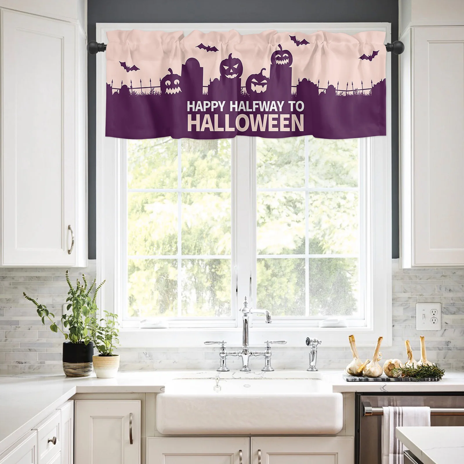 Halloween Curtain Valances for Windows Purple Pumpkins Window Curtain Valance Rod Pocket Decor Window Treatment 1 Panel