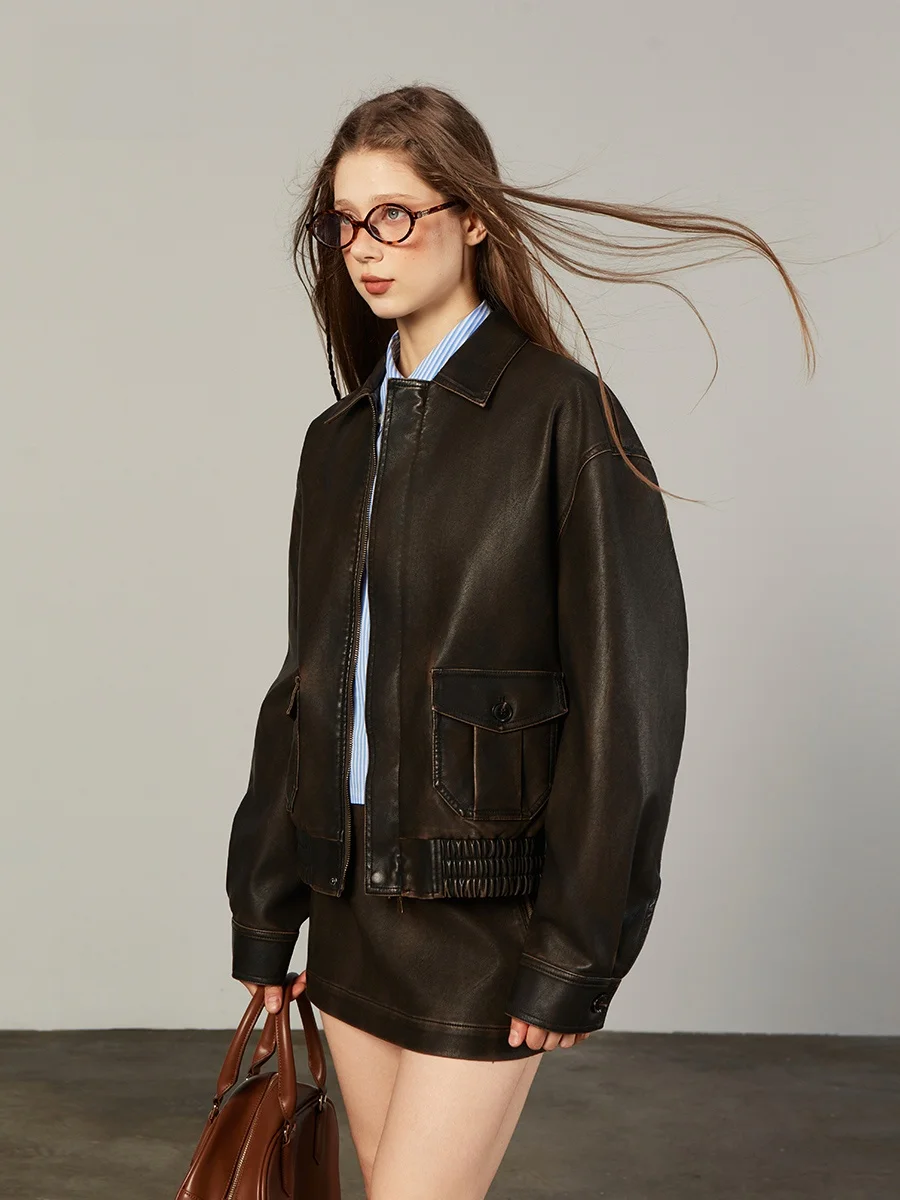 

Bobbybey American Retro Sle PU Leather Jaet Women's Sweet Cool Sle ort Skirt Bike Windbreaker Outerwear Coat