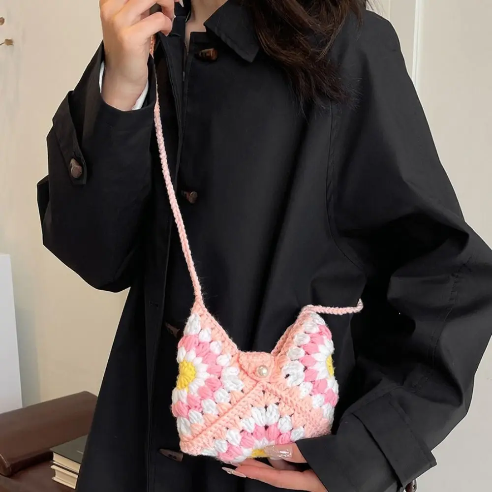 

Portable Shoulder Bag Crochet Flower Knitted Bag Bohemian Hollowed Out Weave Bag Sunflower Storage Bag Beach Bag Outdoor