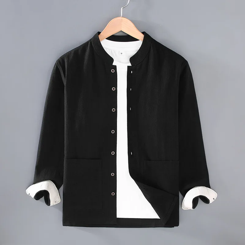 

Chic 2026 Men's Retro Linen Jacket Chinese Stand Collar Work Shirt Casual Outerwear Vintage Patchwork Shirt