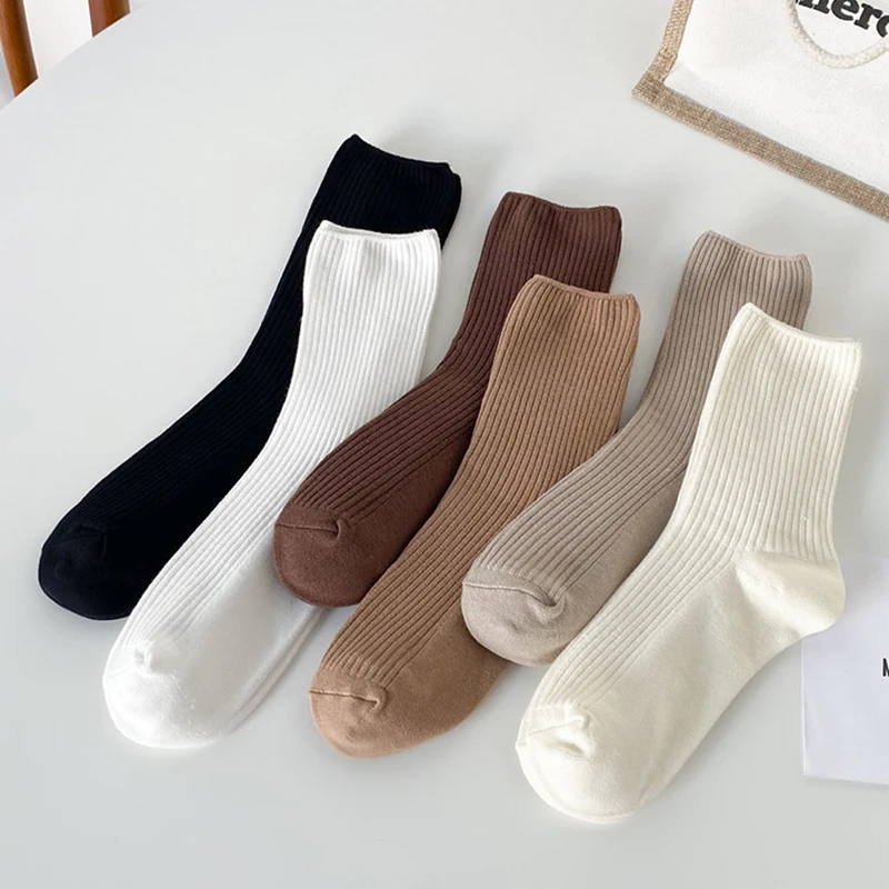 Cozy Cotton Women Socks Vertical Stripe Mid-calf Socks Solid Color Simple Threaded Stacked Socks