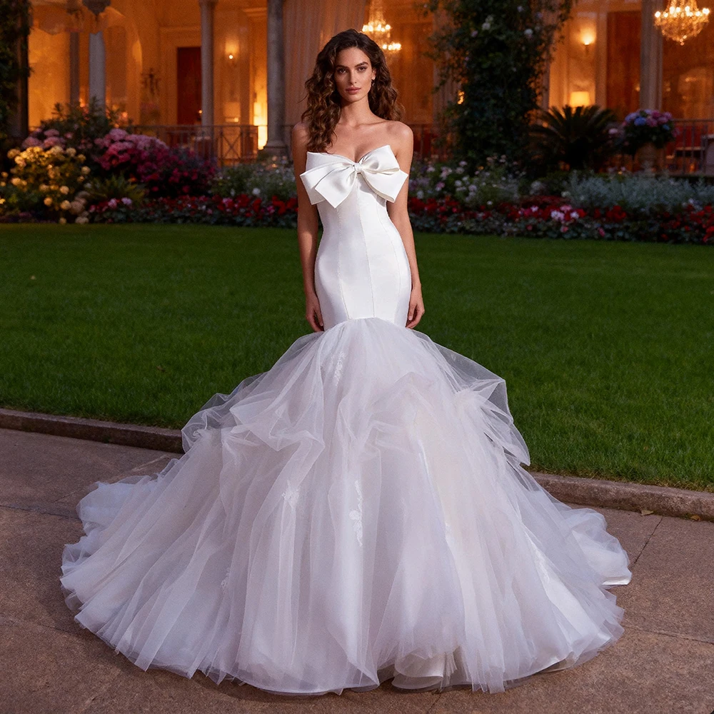 Satin Long Mermaid Wedding Dress with Fit and Flare Tulle Trail Elegant Gowns Bespoke Occasion Dresses for Special Occasions