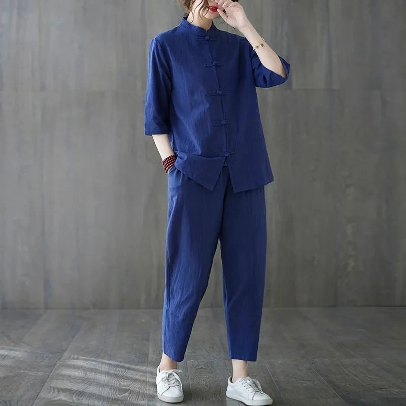 Women's Cotton Lin Tang Suit Zen Style Buddhist Casual Wear Two-Piece Set Traditional Chinese Dress Summer Fashion E8904