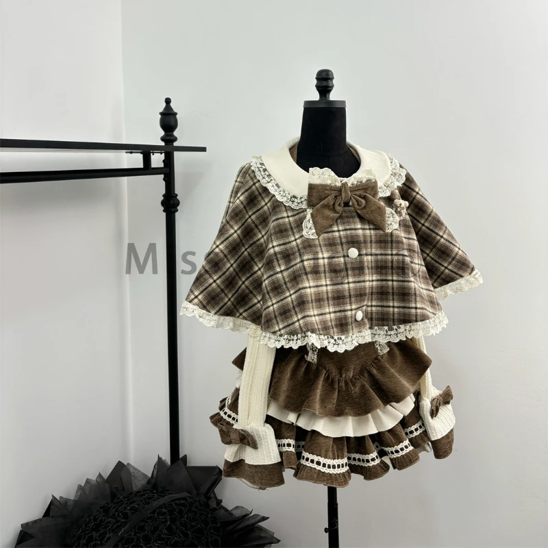 Vintage Plaid Sweet Lolita 3 Piece Set Winter Woman Harajuku Cute Bow Cloak +Slim Chic Blouse +Design Slip Dress Y2k Outfits New