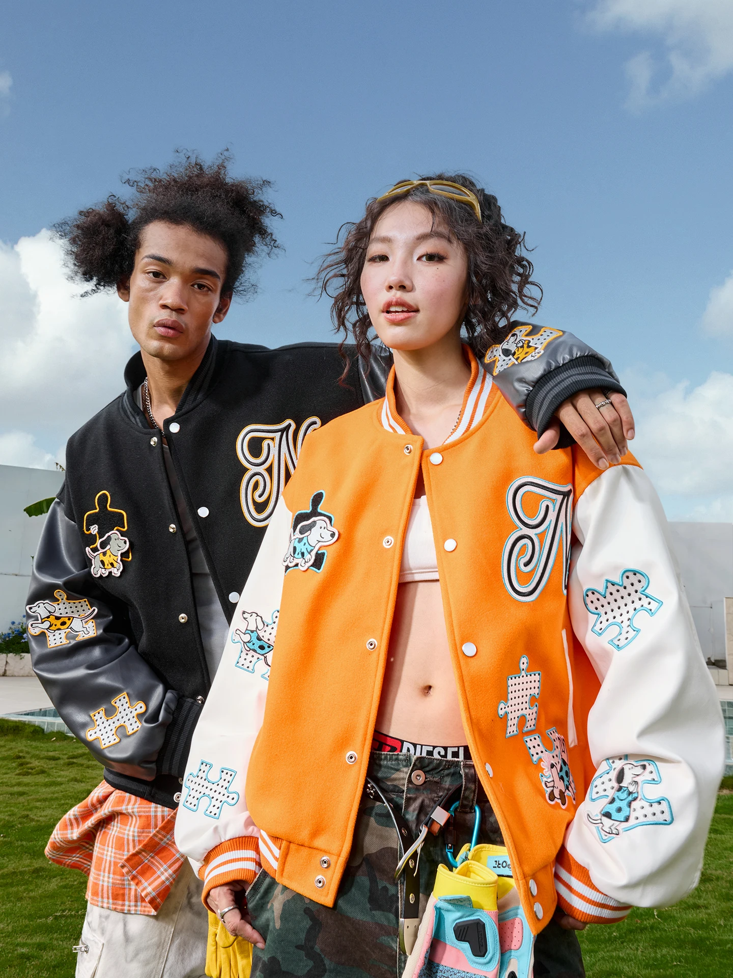 

Nuthink American Sle Baseball Jaet Cartoon Dog Embroidery Color Blo Outerwear Winter New Arrival Men's Loose Fit Jaet