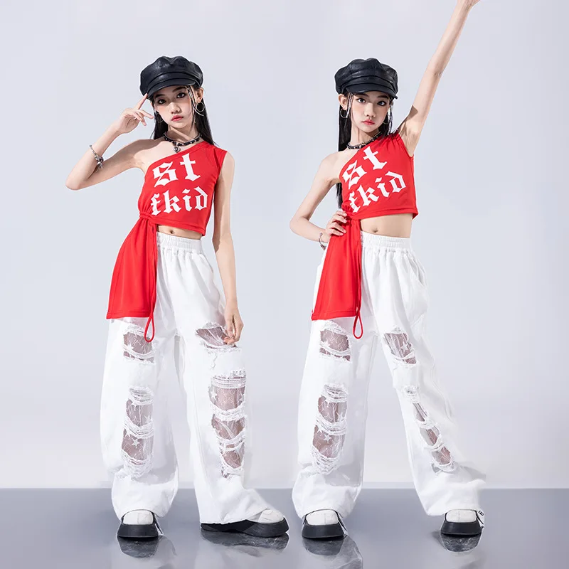 Jazz Dance Costume, Girls' Street Dance Performance Costume, Red Top, White Ripped Pants, Exposed Navel Dance Runway Show Set