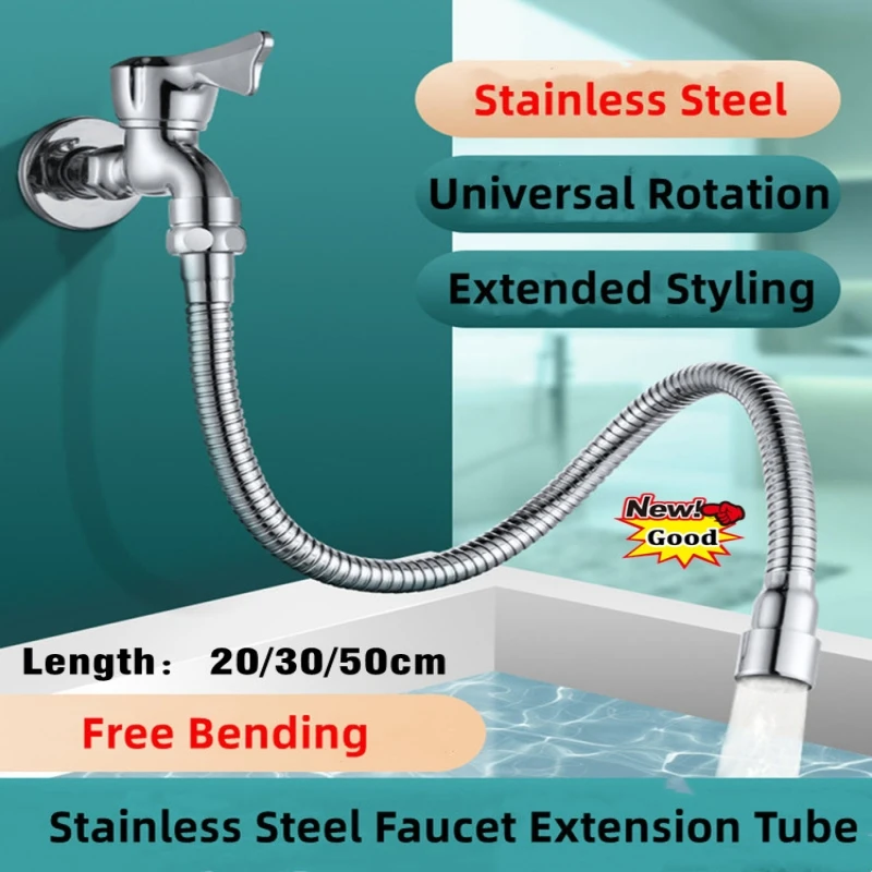 New Stainless Steel 20/30/50CM Universal Faucet Extender 360° Rotating Free Bending Water Tap Extension Pipe Flexible Hose Tube