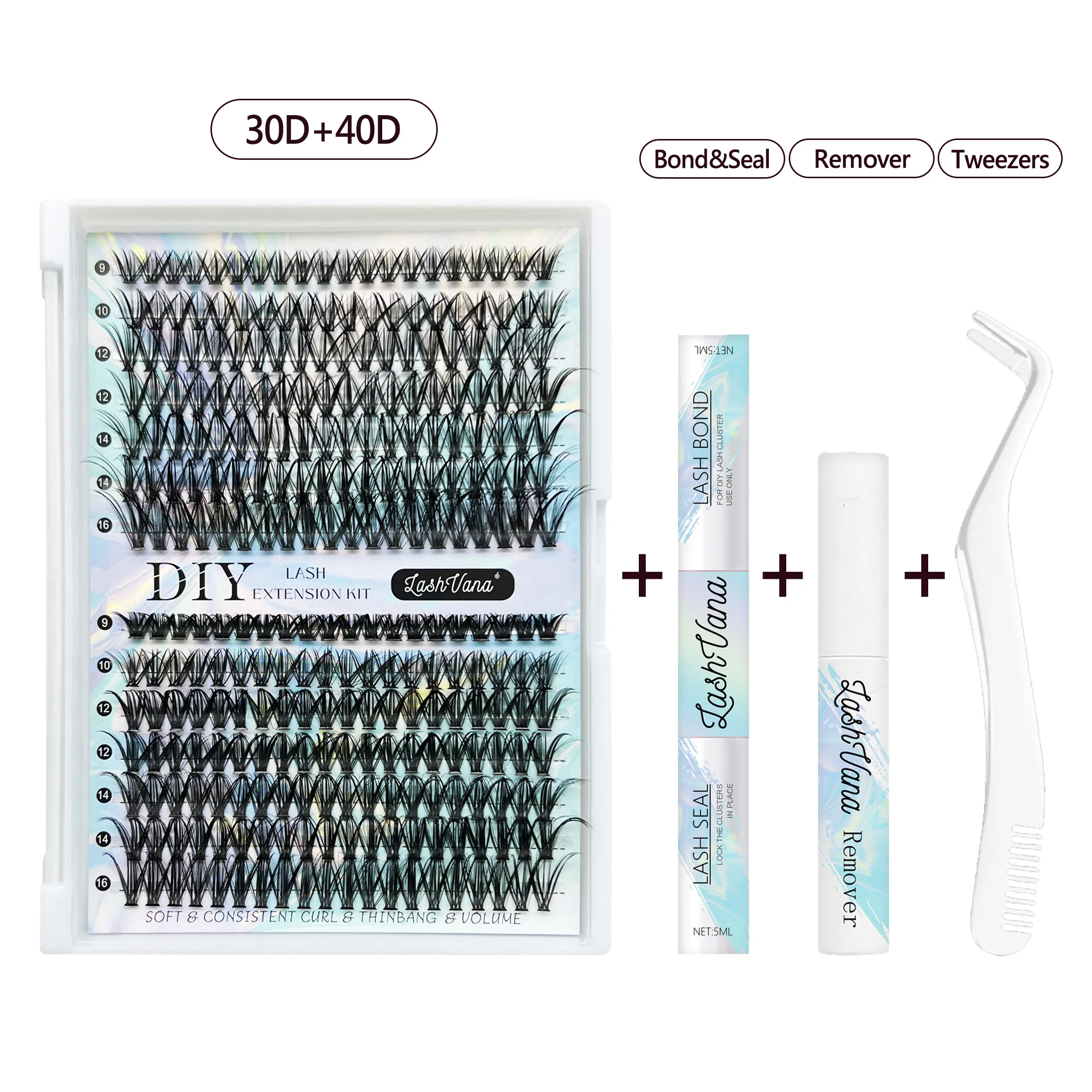 Kit de extensão de cílios diy 3040d, clusters individuais com pinças removedoras de cola, conjunto de maquiagem cosplay para fácil aplicação