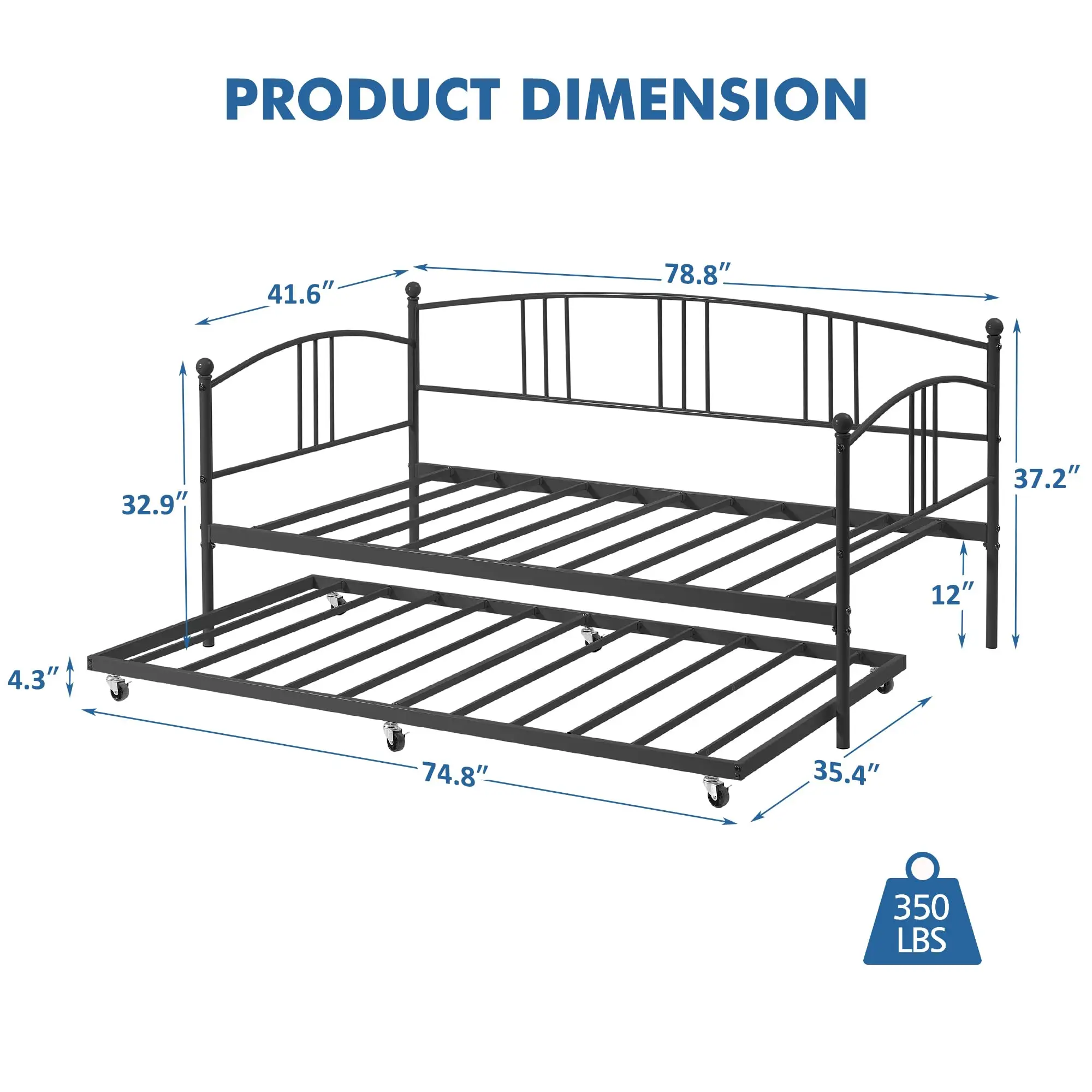 Twin Daybed with Trundle, Metal Twin Size Daybed with Pullout Trundle 6 Casters, Steel Slat Support Sofa Bed for Living