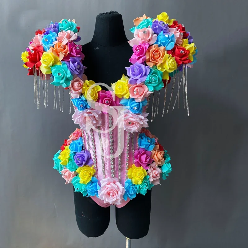 花のボディスーツフェスティバル衣装女性ゴーゴーダンサー衣装ステージジャズドレスレイブ服