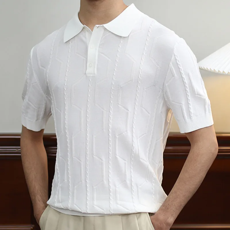 2023 Summer Jacquard Lapel Neck Men's Solid Color Short-sleeved T-shirt British Slim Lapel Knitted Striped Casual  Polo Shirt