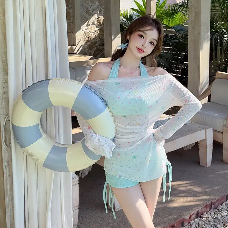 2026 Women Plus Size Yellow Bikini Set with Star Print Swimsuits 3Pcs Mesh Cover Up Women Swimwear Beachwear Drawstring Shorts
