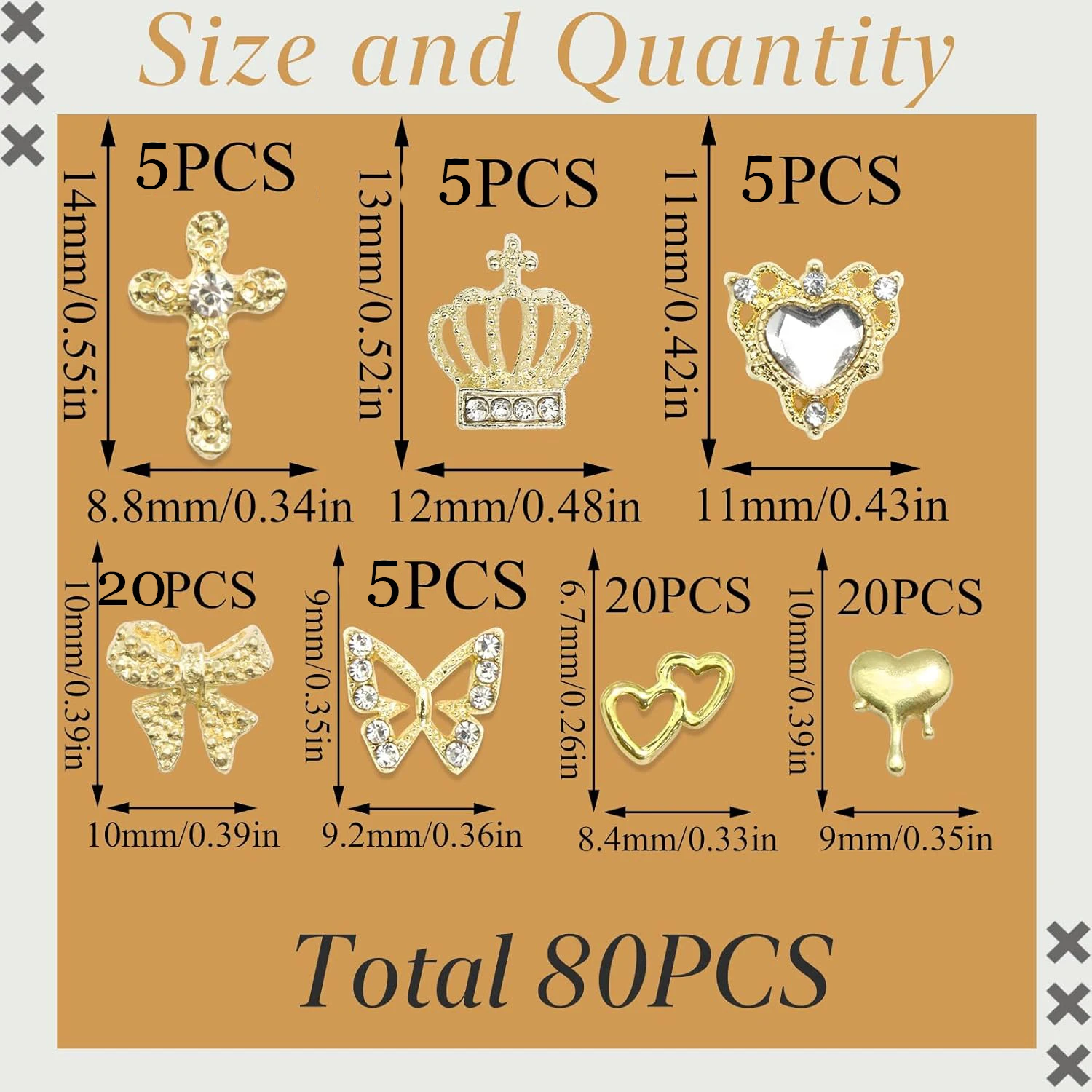 80 Uds. De dijes dorados para uñas, abalorios para uñas con forma de corazón de cristal dorado, corona brillante, dijes para uñas, dijes de mariposa brillantes, cruces para uñas doradas de aleación