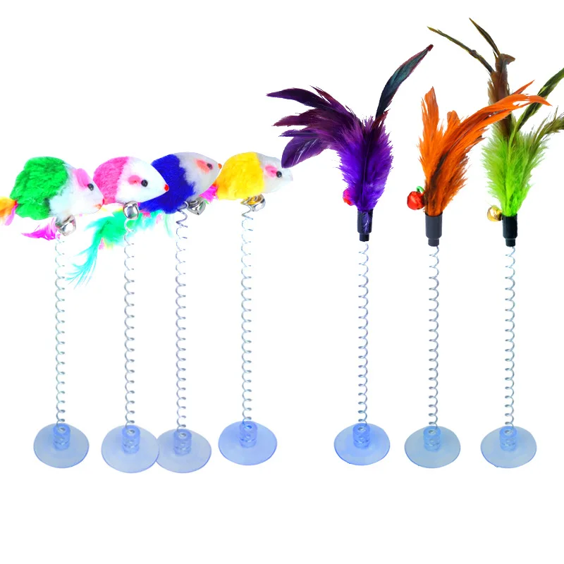 1PC Fashion Cute Funny Cat Toys Elastic Feather False Mouse Spring Sucker Toys for Cat Playing Pet Toy Training