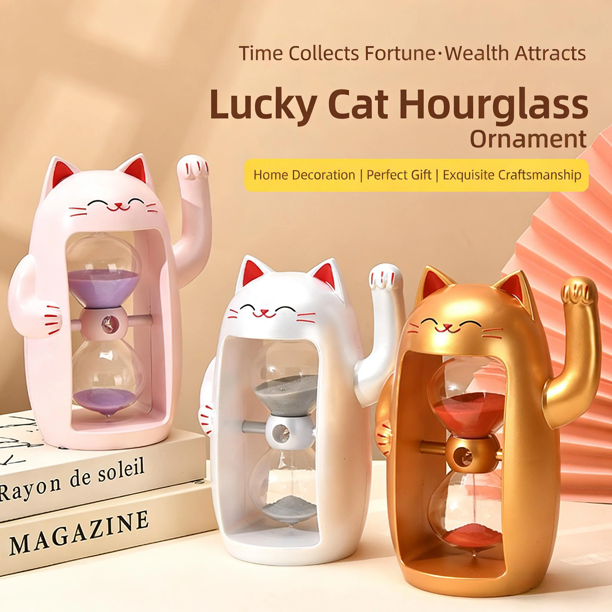 Fortune Cat Hourglass 3Min/15Min/30Min Sand Timer Colorful Sandglass Hourglass Sand Clock Timer Party Decoration Home Decor Gift