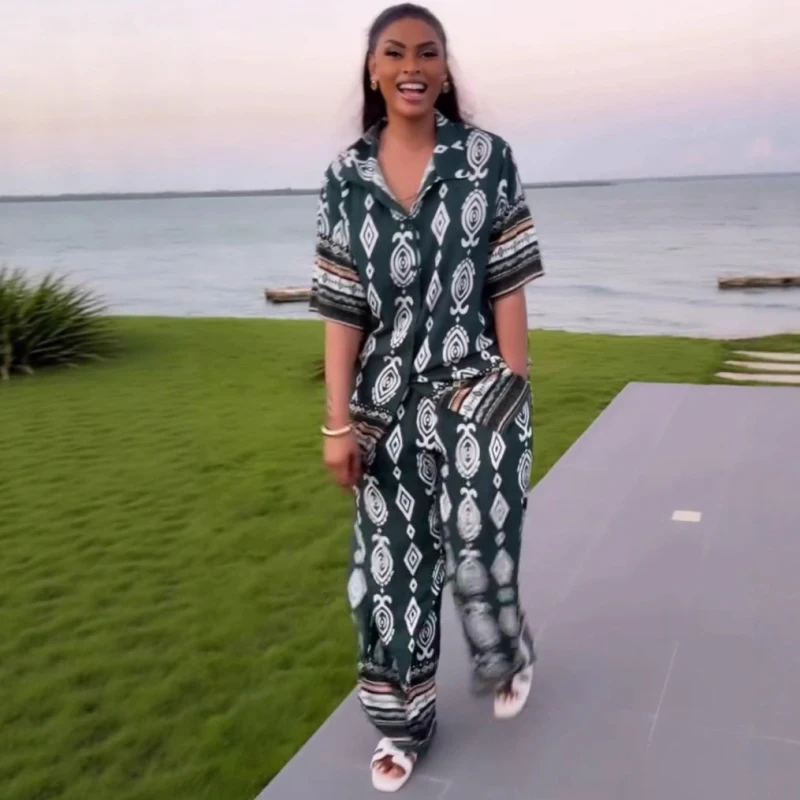 New African Fashion Women Two Piece Set Vintage Casual Geometric Printed Loose Shirt And Wide Leg Pants Set
