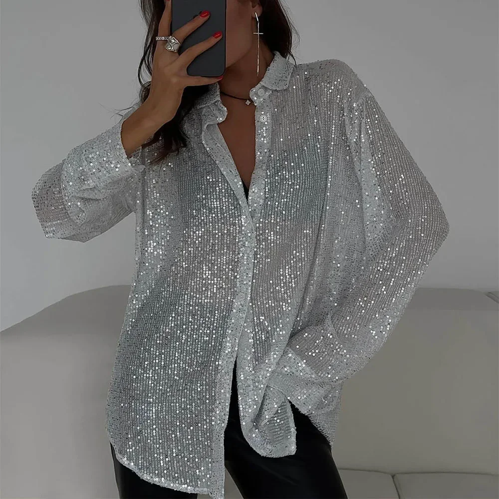 Fashion Silver Sequins Women\'s Shirt Sexy See-Through Long Sleeve Single Breasted Shiny Shirt Loose Fit Glitter Design Tops