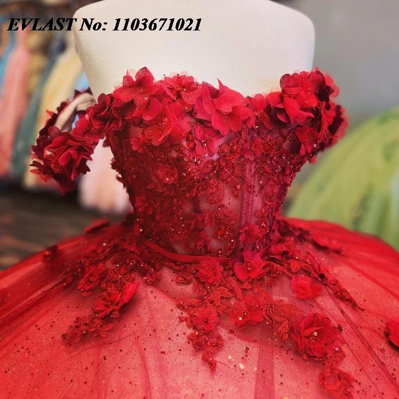 EVLAST Shiny 2024 Red Ball Gown Quinceanera Dress 3D Floral Applique Beading Diamonds Corset Sweet 16 Vestidos De 15 Anos SQ207