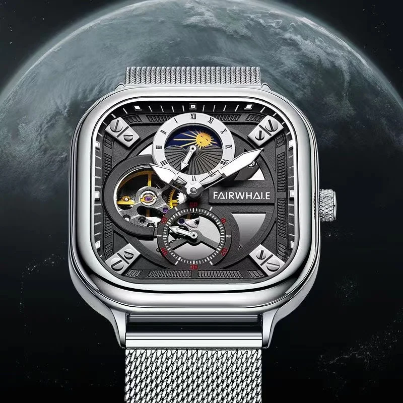 Luxury Men's Automatic Watch with Milanese Strap Square Dial Mechanical Wristwatch with Moon Phase Fashion Boy Reloj