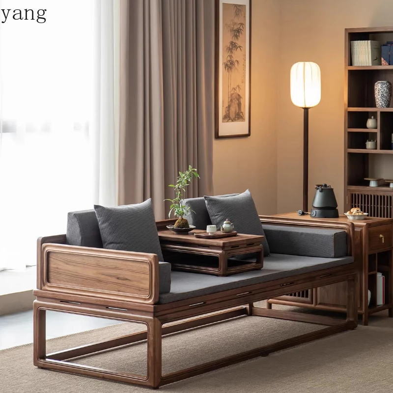 LH  Black Walnut Arhat Bed New Chinese Solid Wood Song Style Zen Household Dual-purpose Sofa Bed