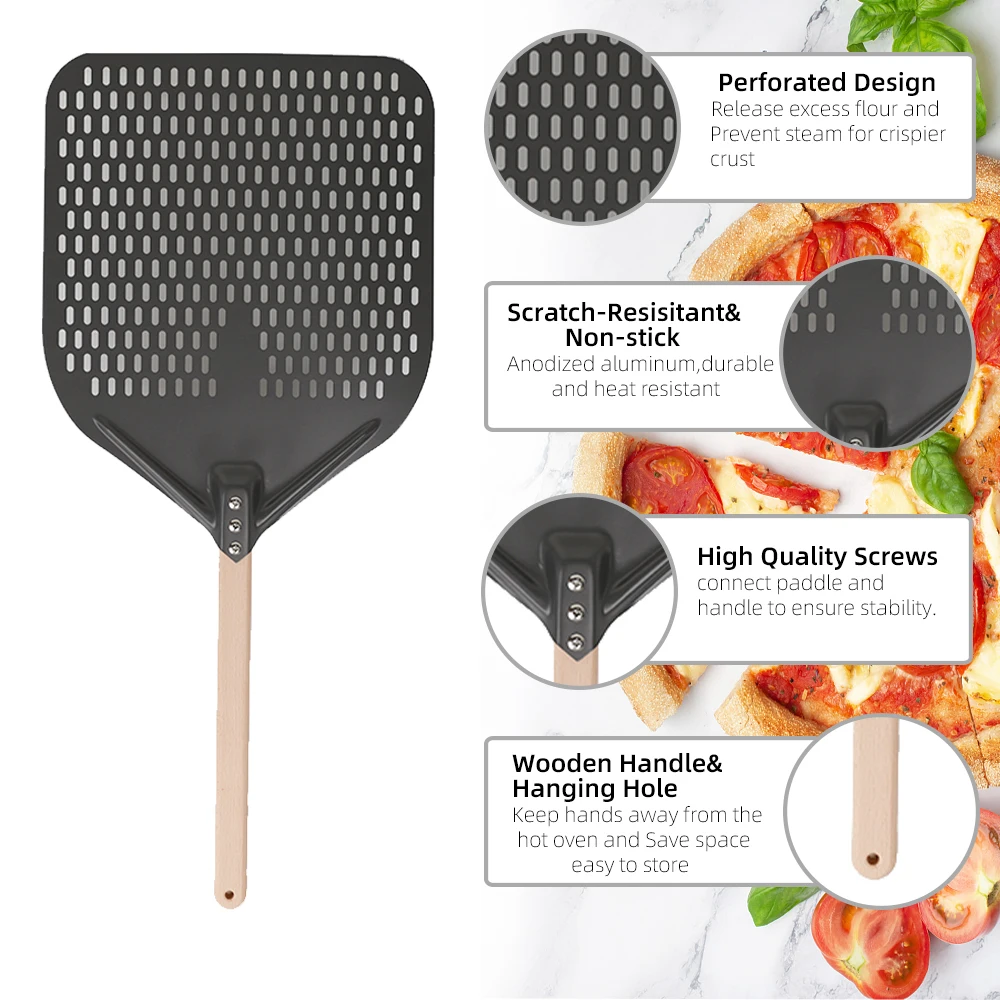 12 14 pollici Big Pizza Peel pala spatola Pizza nera tornitura dura anodizzata manico corto Square Pizza Turner antiaderente per forno